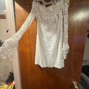 White Off the Shoulder Sheath Dress with Bell Sleeves